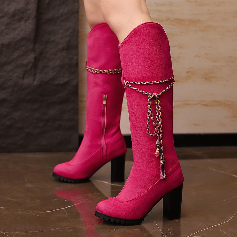 Plus Oversize 47 48 49 Autumn Winter Flock Ankle Booties Women Round Toe Platform Braided Rope High Heels Zipper Knee High Boots