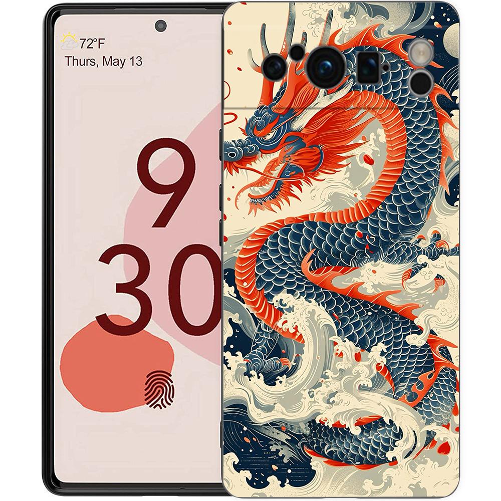 Phone Case For Google Pixel 8 7 6 Pro 8A 7A 6A TPU Shell Soft Silicone Shockproof Black Cover Illusory Color Chinese Dragon