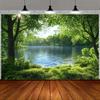 2D plane 1 piece of serene and natural background - lush green forest trees under sunlight and river and lake scenery