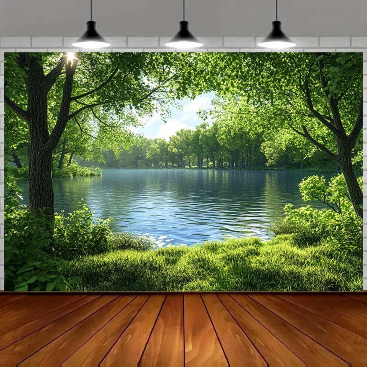 Natural backdrop by the forest river: lush trees, green leaves under the sun, and the serene river scenery 100x150cm