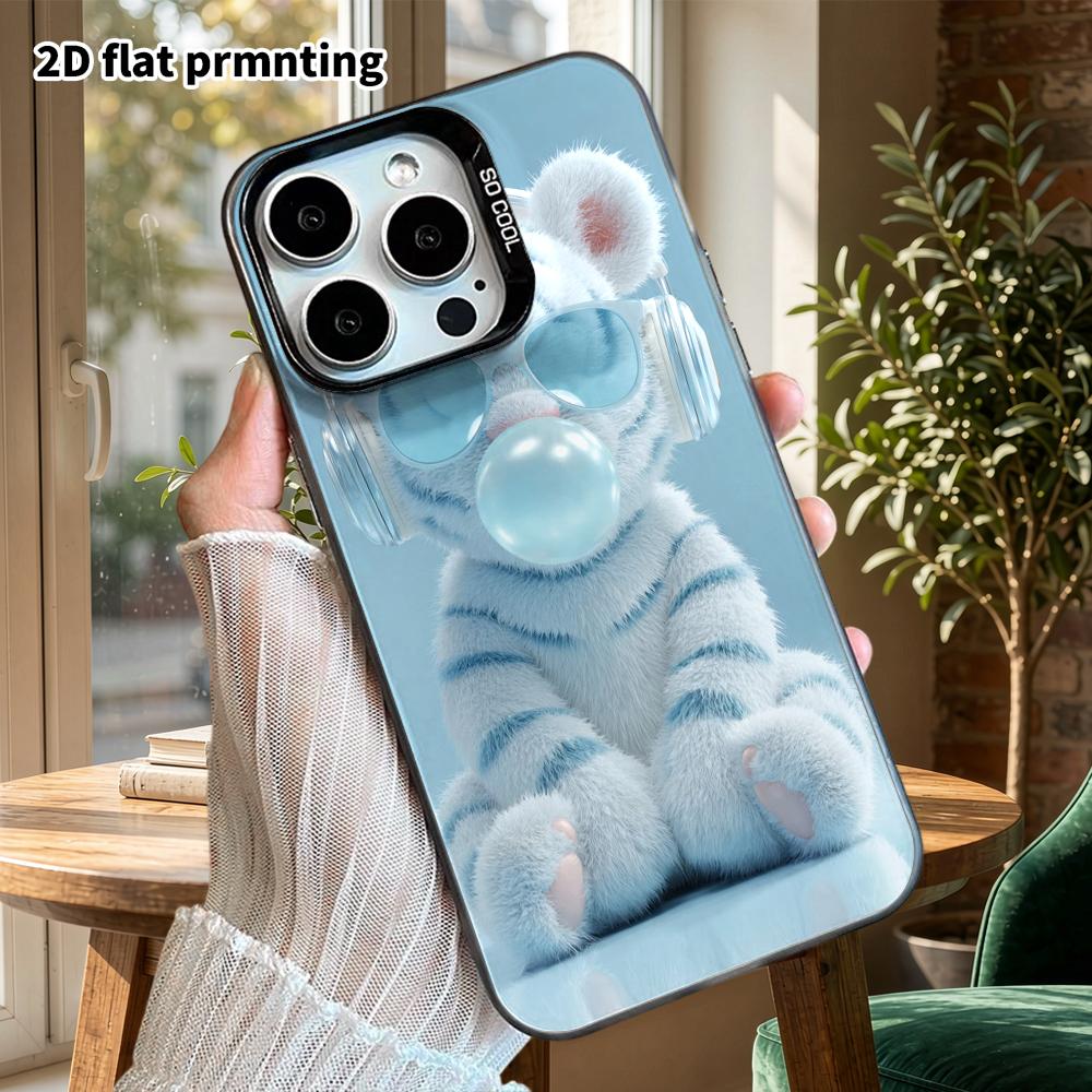 Phone Case: 2D Flat Design Suitable for iPhone 18 17 16 15 14 13 Pro In Rainbow Silver, Couple Style, Plush Little Tiger, Christmas and Halloween Gift