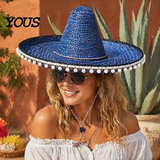 Outdoor Travel Hat Mexican Sombrero with Colorful Poms, Hawaiian Style Woven Straw Sun Hat, Wide Brim Lightweight Festival Party Costume