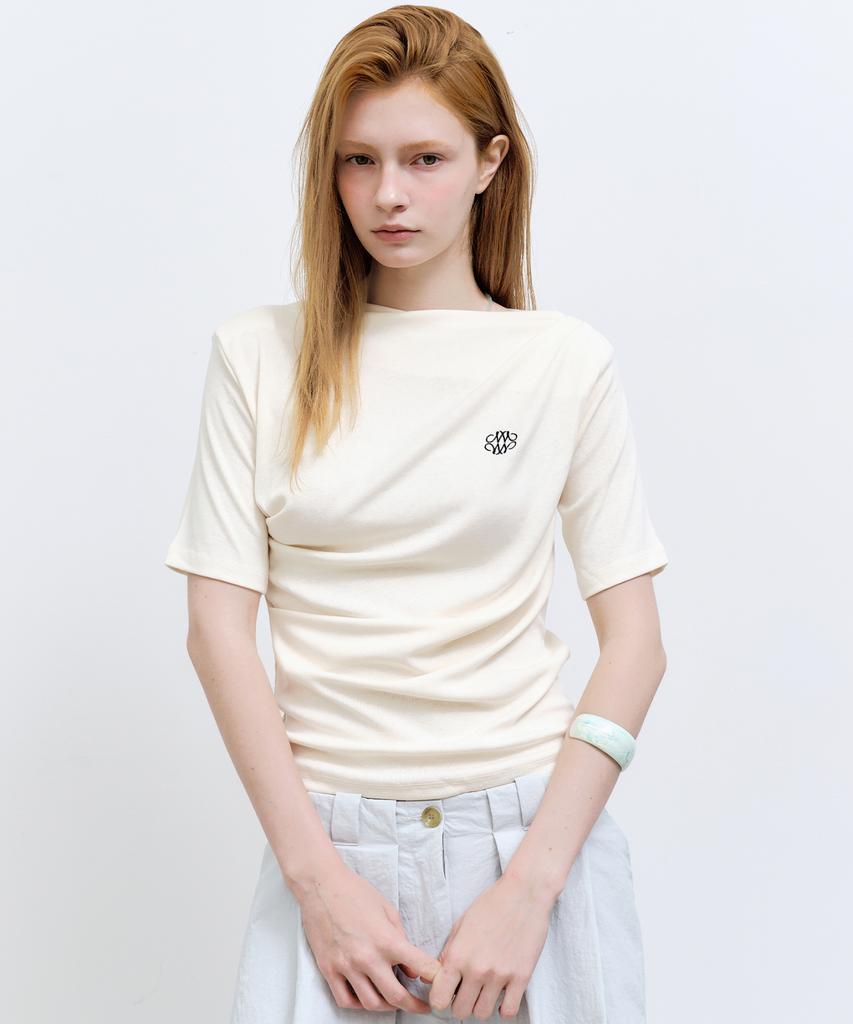 Nigaennikol Half Shirring Drape Boat Neck Top_Cream