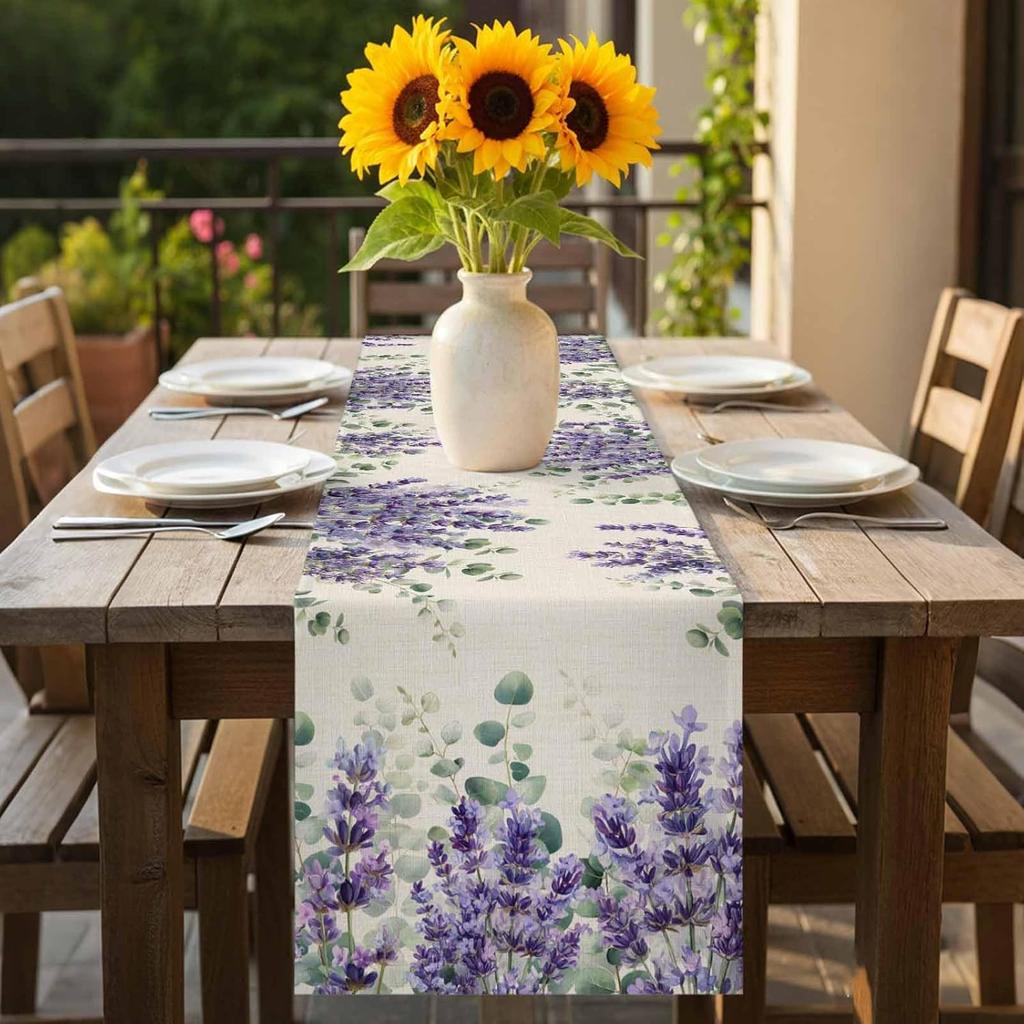 Spring Lavender Eucalyptus Leaves Linen Table Runner Party Decor Watercolor Floral Plant Dining Table Runners Wedding Decoration