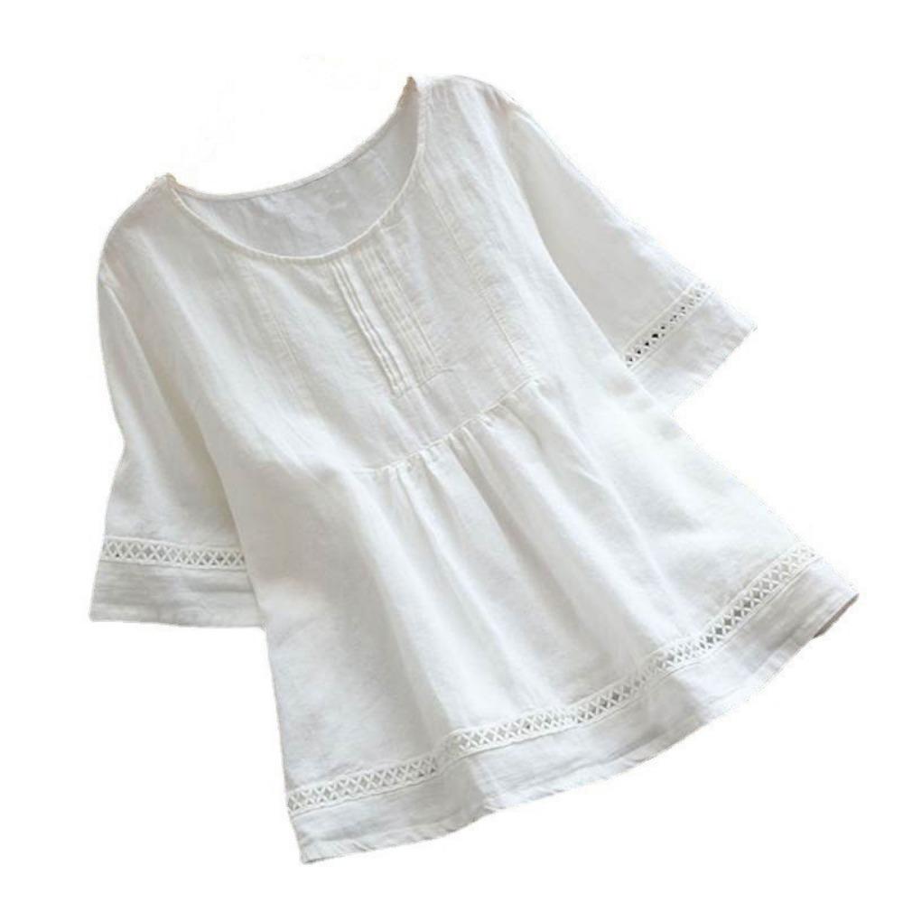 Women's Retro Casual Petticoat Summer Solid Color Cotton Linen Top Half Sleeve Round Neck Splicing Shirt Hollow Top