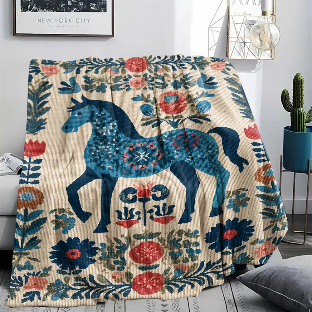 Blumenpferd-Print Flanelldecke, Hohe Qualität, Bequem für alle Jahreszeiten, Heimdekoration, Wärme und Komfort, Perfekt für Weihnachtsgeschenke