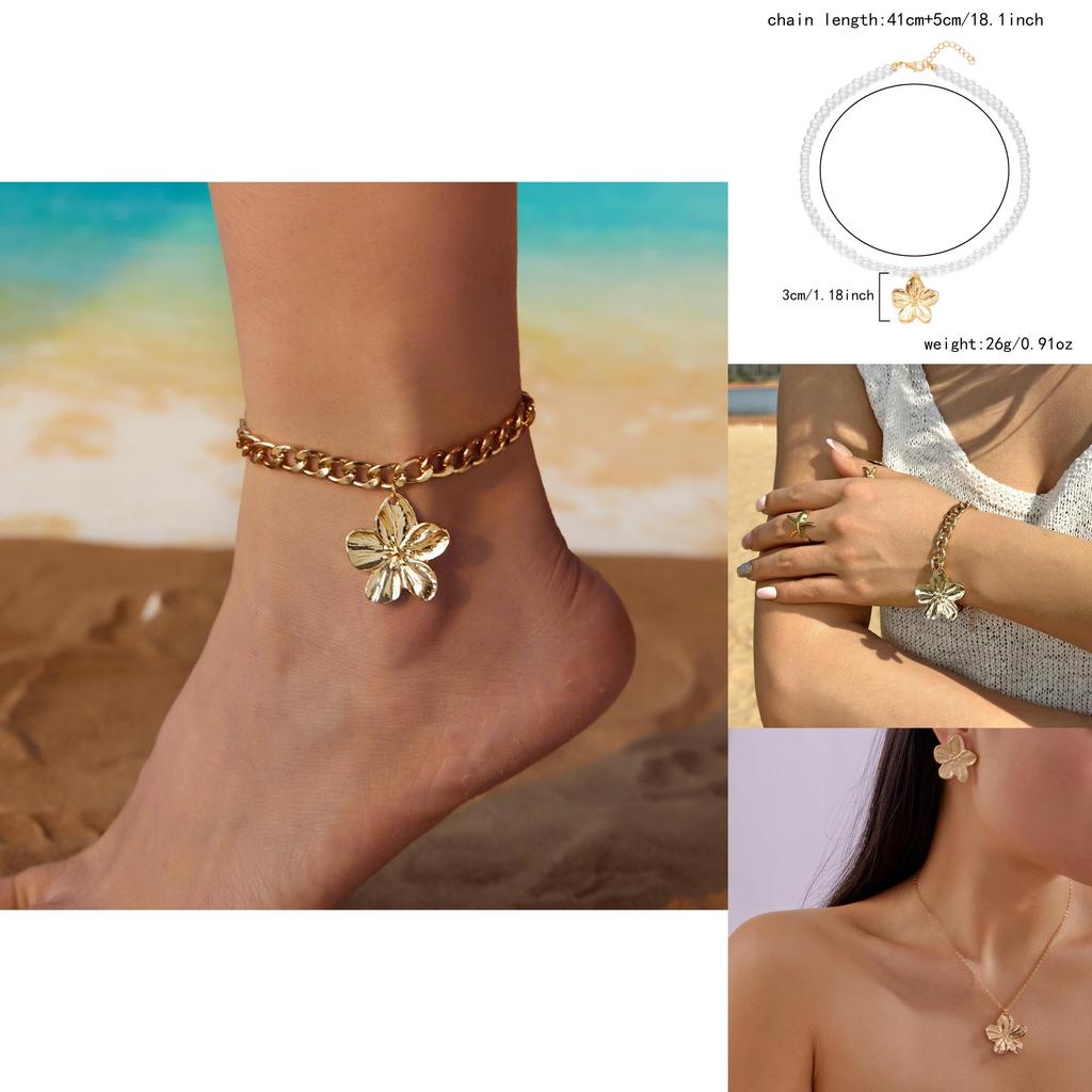 Elegant Gold Flower Pendant Necklace And Earrings Set For Office Women