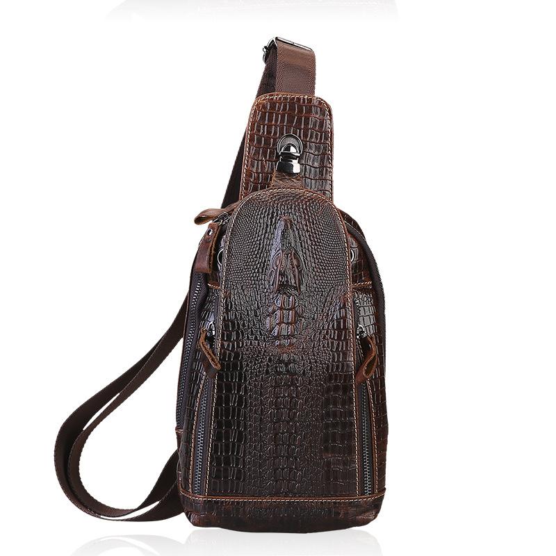 Men's Leather Layered Cowhide Crocodile Patterned Chest Bag, Men's Leather Oilskin Casual Small Crossbody Waist Bag