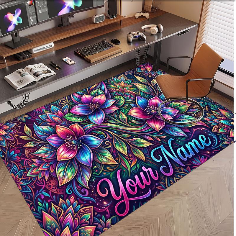Rose Floral Theme Soft Crystal Velvet Rug Custom Name & Text Print Non Slip Floor Rug for Bedroom Living Room