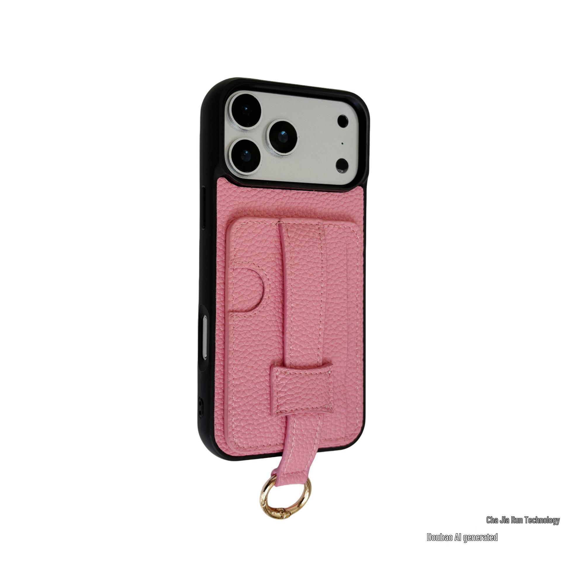 

Solid Lychee Pattern Leather Case with Card Slot & Wrist Strap for iPhone 17 Pro Max & iPhone 16 14 розовый