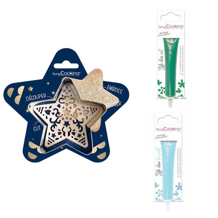 Kit pour biscuit en relief Étoile + 2 Stylos au chocolat vert et bleu pastel