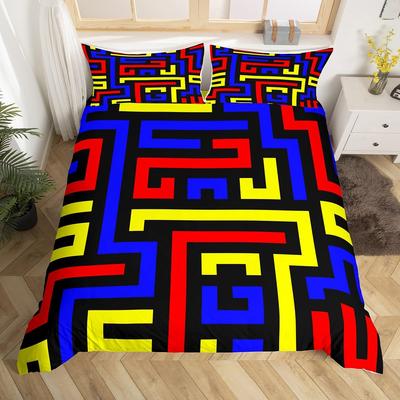 Abstract Geometry Bedding Set King Queen Red Blue Yellow Duvet Cover Geometric Art Quilt Cover Stripes Illusion Comforter Cover