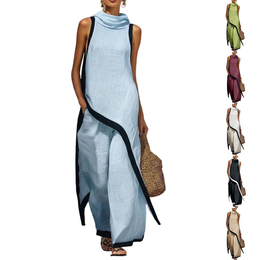 Women's Fashionable Casual Asymmetrical Hooded Sleeveless Top And Pants Two-Piece Set
