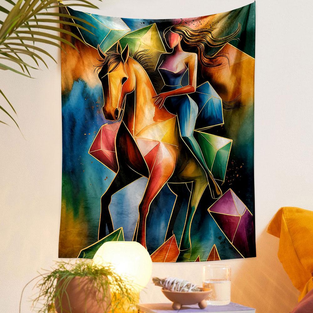 "Colorful Abstract Woman on Horseback" Patterned tapestry home decor, suitable for bedroom and living room, gift