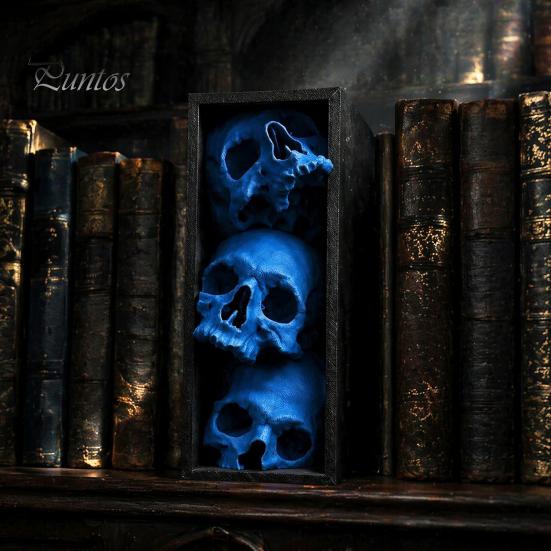 Dark Fantasy Wohnaccessoires 3 Stück Halloween 3-stufige Totenkopf-Buchstützen, Gotische Harz-Regaldekoration für Büro, Einzigartige Buchstopper Spukiges Skelett