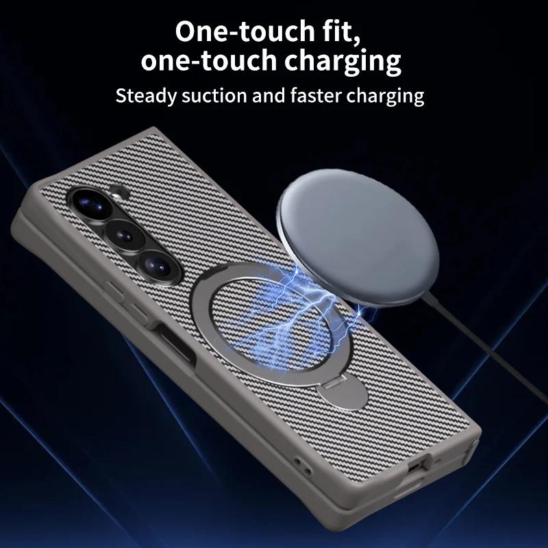 Shockproof Rotating Holder Carbon Fiber Leather Phone Case for Samsung Galaxy Z Fold 6 5 4 Fold6 Fold5 Fold4 5G Bracket Cover