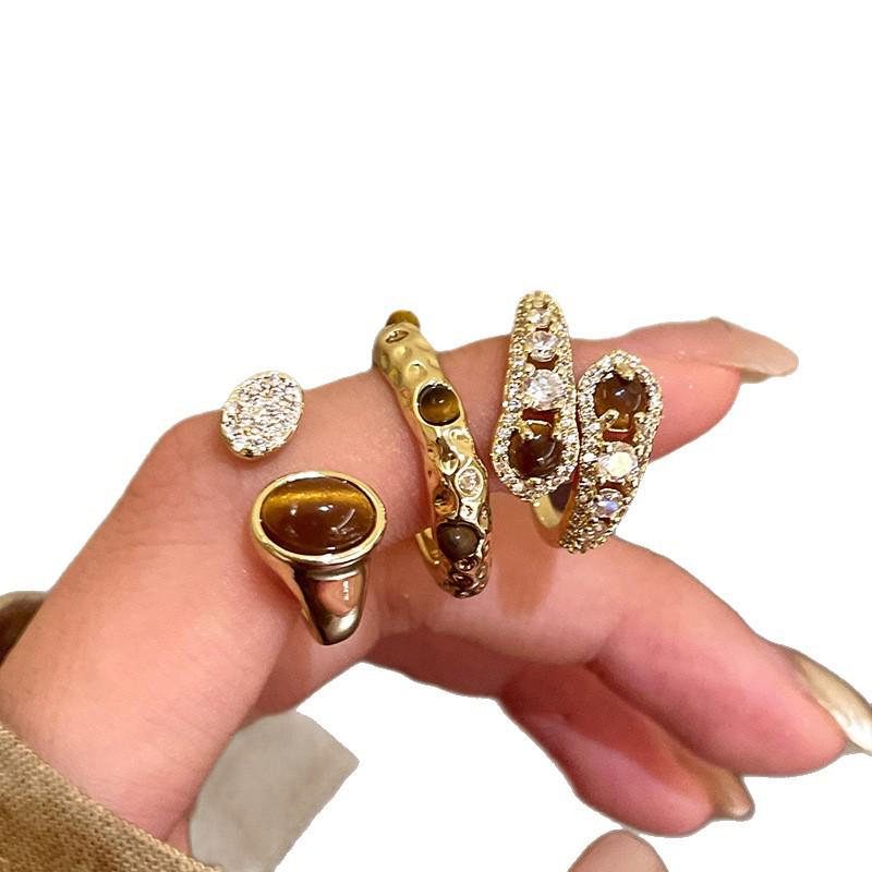 Real Gold Plated Tiger's Eye Zircon Open Bangle – Vintage Court-Style High-End Jewelry for Women.