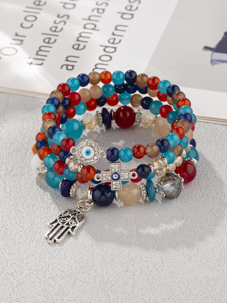 4Pcs Bohemian Acrylic Beads Bracelet Set For Women Fatima Hand Cross Evil Eyes Charm Elastic Chain Bangle Men Fashion Party Jewe