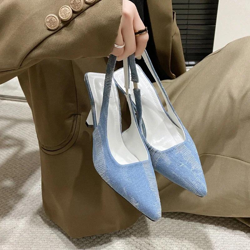 Fashion 2024 New High Heeled Pointed Toe Wrapped Sandals Spring/Summer/Autumn Niche Design Canvas Slim Heel Shoes