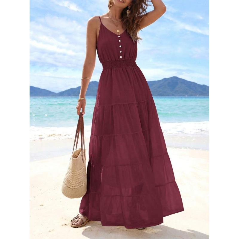 Europe, America 2026 Summer New Simple High Waist and Thin Casual Beach Vacation Suspender Dress