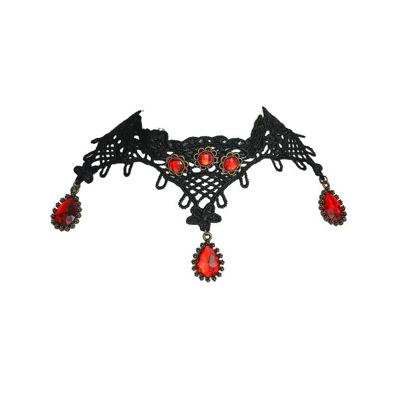 Vintage Red Crystal Pendant Lace Necklace Female, Personalized Exaggerated Collarbone Chain Lace Neck Chain Collar