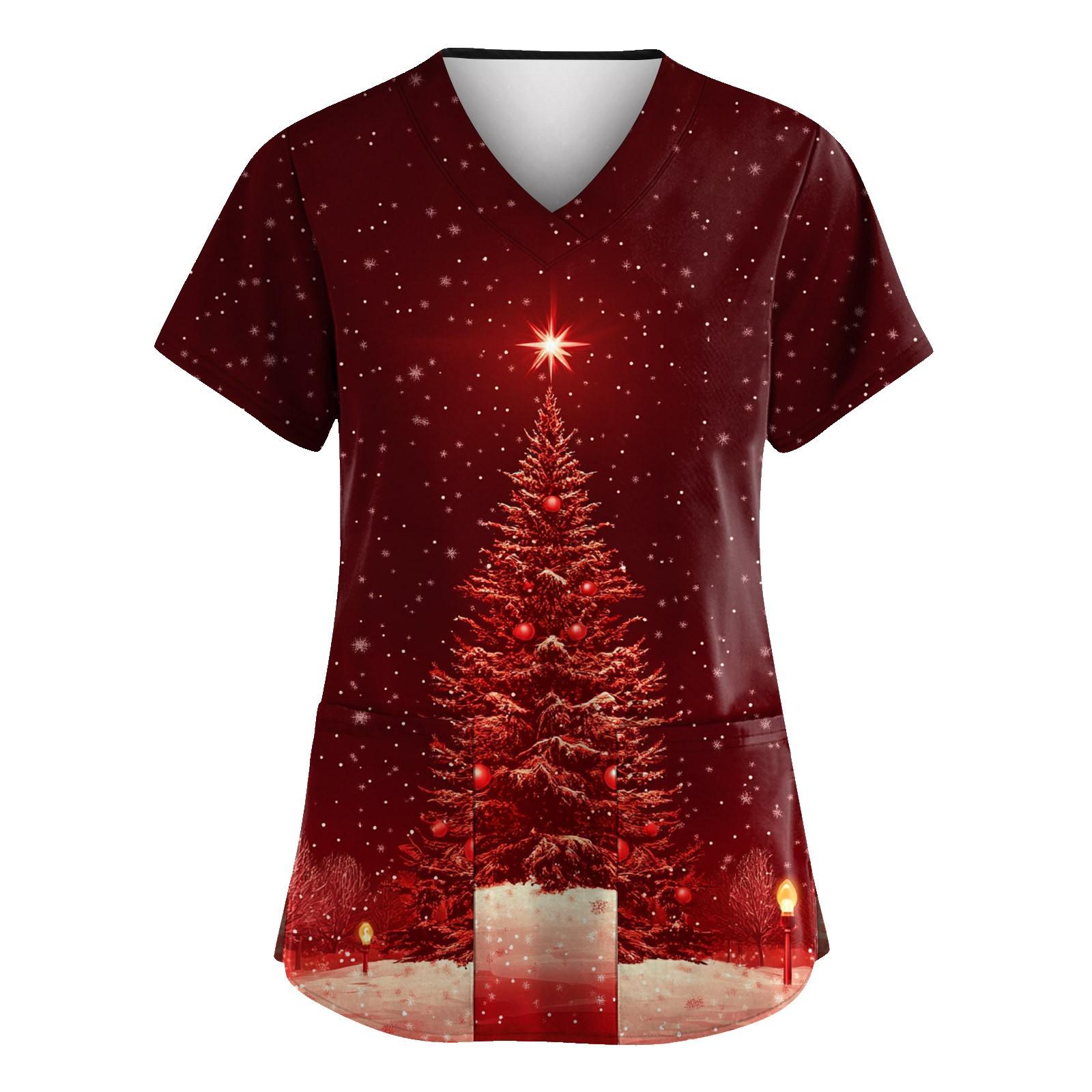 

Женская рождественская печатная рабочая униформа с V-образным вырезом и карманом, защитная униформа S винный