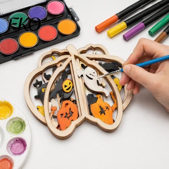 Wooden Shapes for Painting Halloween Pumpkin Craft Kit, 17cm DIY Unfinished Wood Slice Projects Kids, Hollow Cutouts Painting, Fall Themed Art