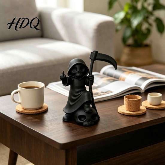 Niche PLA Model 3D Printed Cute Grim Reaper Figurine Skeleton Little Statue with Small Desktop Decoration Scythe & Skull Base Funny Gothic Halloween