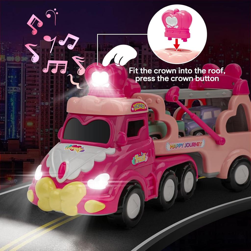 Toddler Car Toys for Girl Pink Princess Transport Carrier Trucks with Lights & Music Friction Power Birthday Christmas Gift