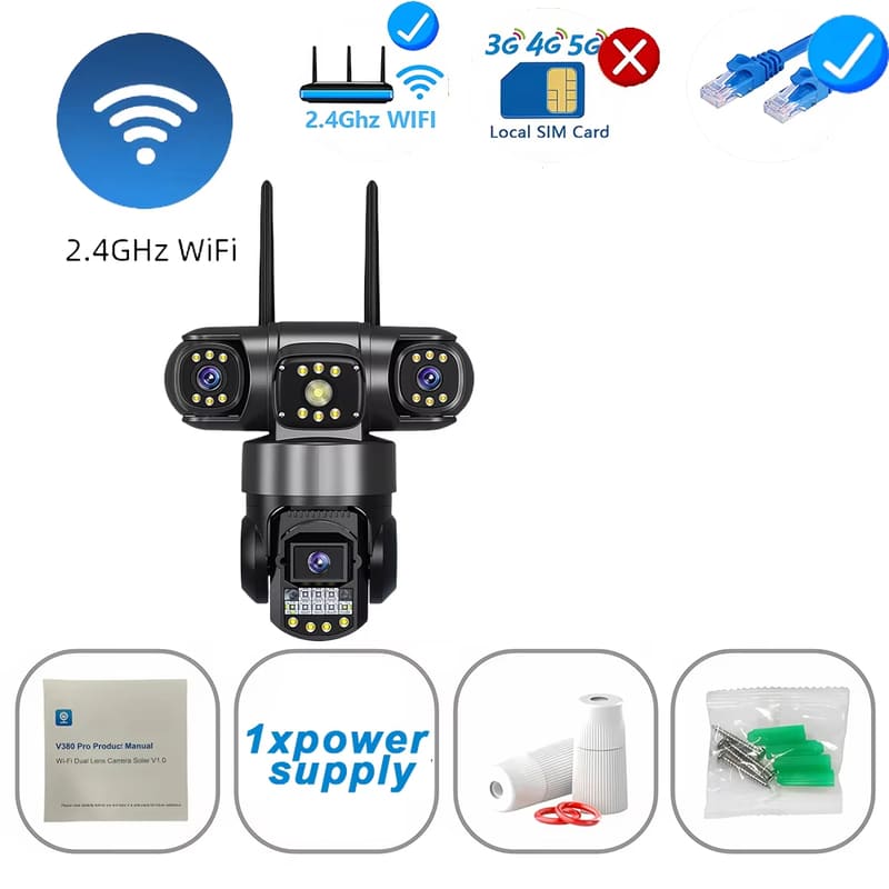 12MP Drievoudige Schermen IP66 Buiten HD Nachtzicht Ai Menselijke Detectie WiFi Bewakingscamera V380 Pro 4G SIM-kaart IP Beveiligingscamera