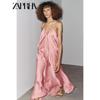 Zaprha New Women Clothes Pleat Decorative V-neck Straight Hem Silk Satin Texture Long Dress 3684019