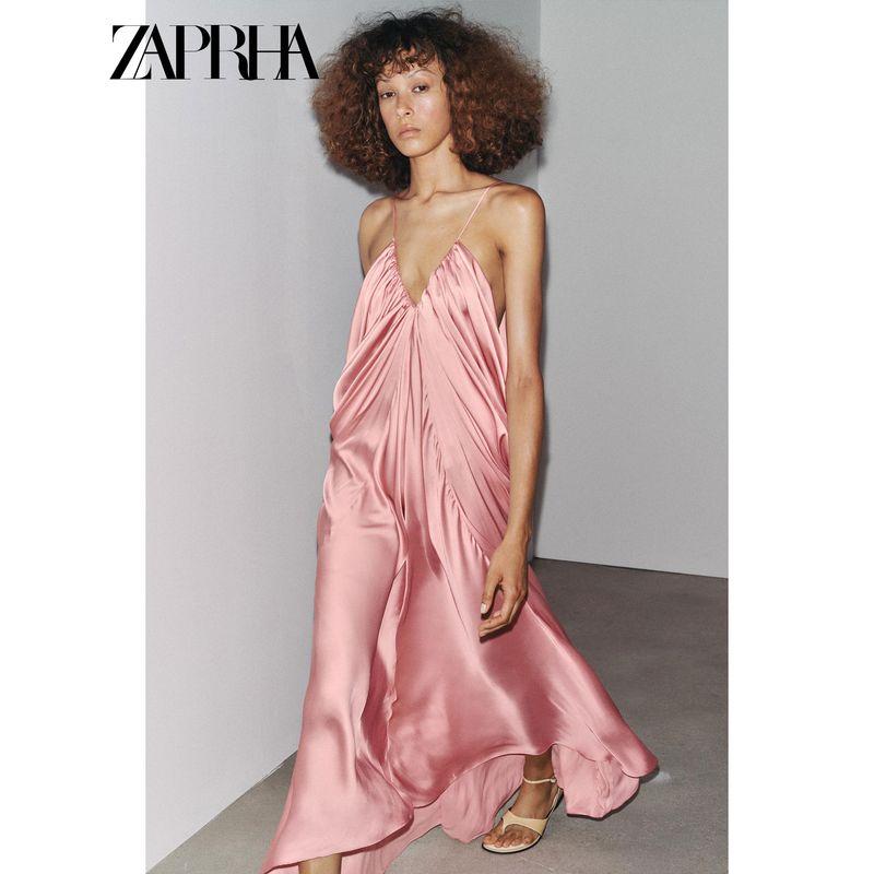Zaprha New Women Clothes Pleat Decorative V-neck Straight Hem Silk Satin Texture Long Dress 3684019