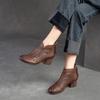 Johnature Hollow Out Boots Round Toe Breathable Back Zipper Genuine Leather Sandals Retro Mid Heel Women's Shoes