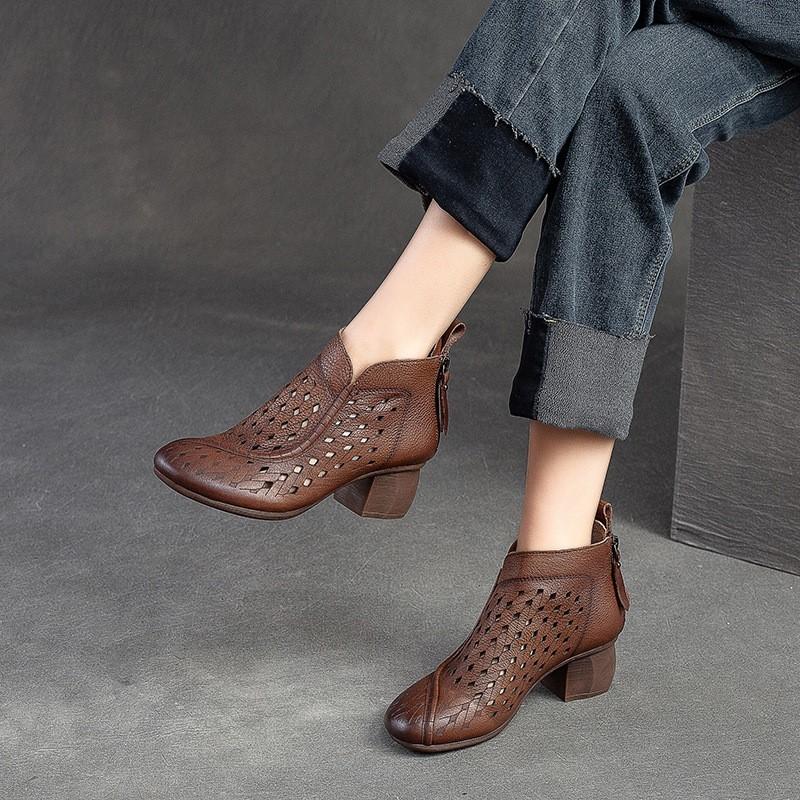 Johnature Hollow Out Boots Round Toe Breathable Back Zipper Genuine Leather Sandals Retro Mid Heel Women's Shoes