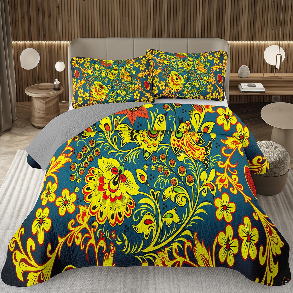 Boho Floral Bedspread Queen/Twin Luxury European Damask Paisley Pattern - Classic & Gorgeous Coverlet Reversible Grey Quilt Set