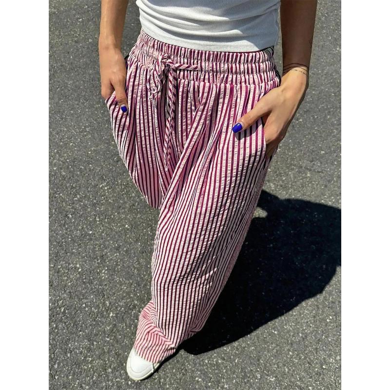 Women's Striped Straight Leg Pants Relaxed Fit Casual Lounge Trousers Versatile All Season Elastic Waist Comfort