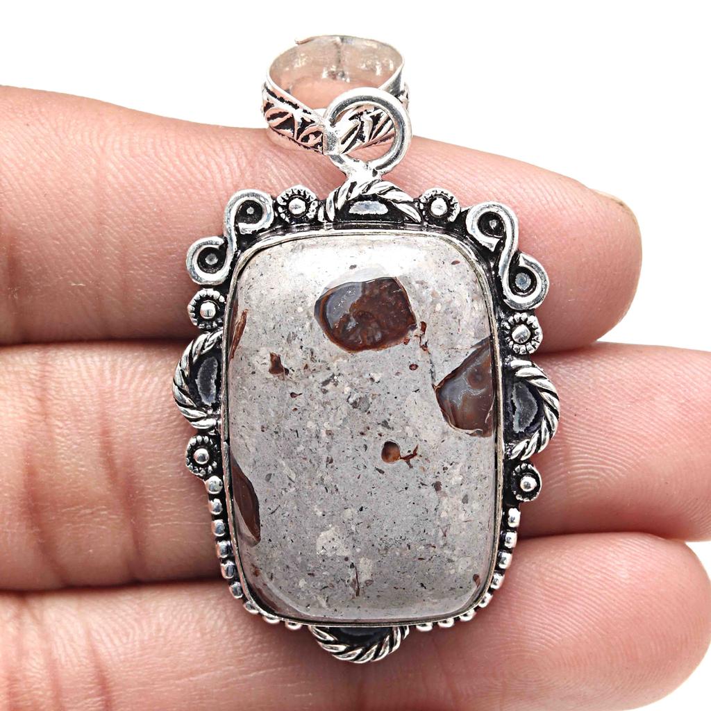 Pendant Rock Calsi Gemstone Handicraft Valentine'Day Gift Silver Jewelry 2.5"