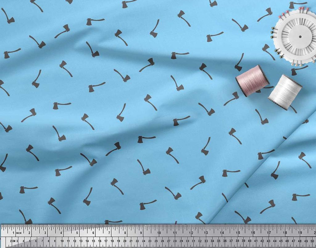 Soimoi Blue Japan Crepe Satin Fabric Axe Hardware Printed Craft Fabric by the metre 42 Inch