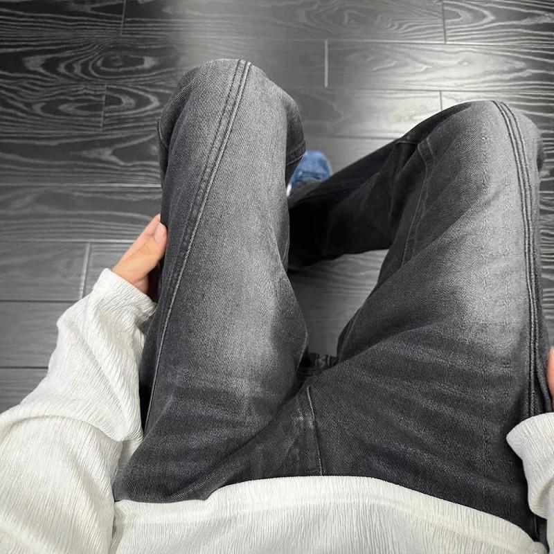 Mens Slim Straight Jeans Retro Cut Wide Leg Pants Clean Fit Streetwear