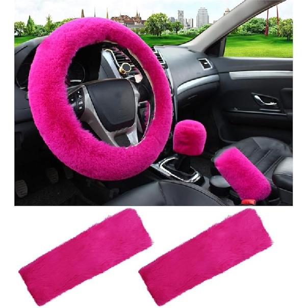 5 PCS Fluffy Steering Wheel Covers Set, Faux Wool Steering Wheel Cover & Handbrake Cover & Gear Shift Cover & 2 Seat Belt Shoulder Pads, Universal