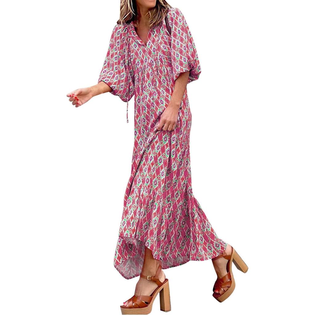 Women Floral Print Bohemian Long Dress Loose V-Neck Fashion Summer Beach Dress