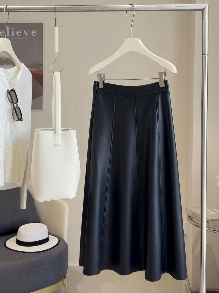 Women's High-End PU A-line Leather Skirt: 2025 Autumn High-Waisted Medium-Length with Good Drape and Inner Layer