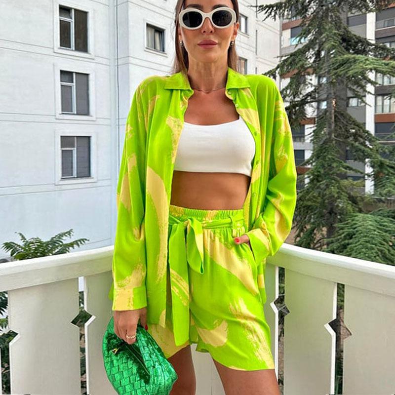 European and American Style Shirt Set for Women,-Border Elastic Waist Tie Large Size Shirt and Shorts Two-Piece Set for Summer