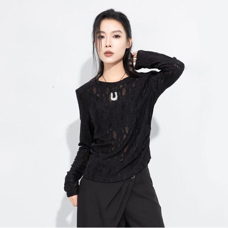 long sleeve Oversized black lace sexy hollow out Casual loose t shirt tops Women spring autumn t-shirt