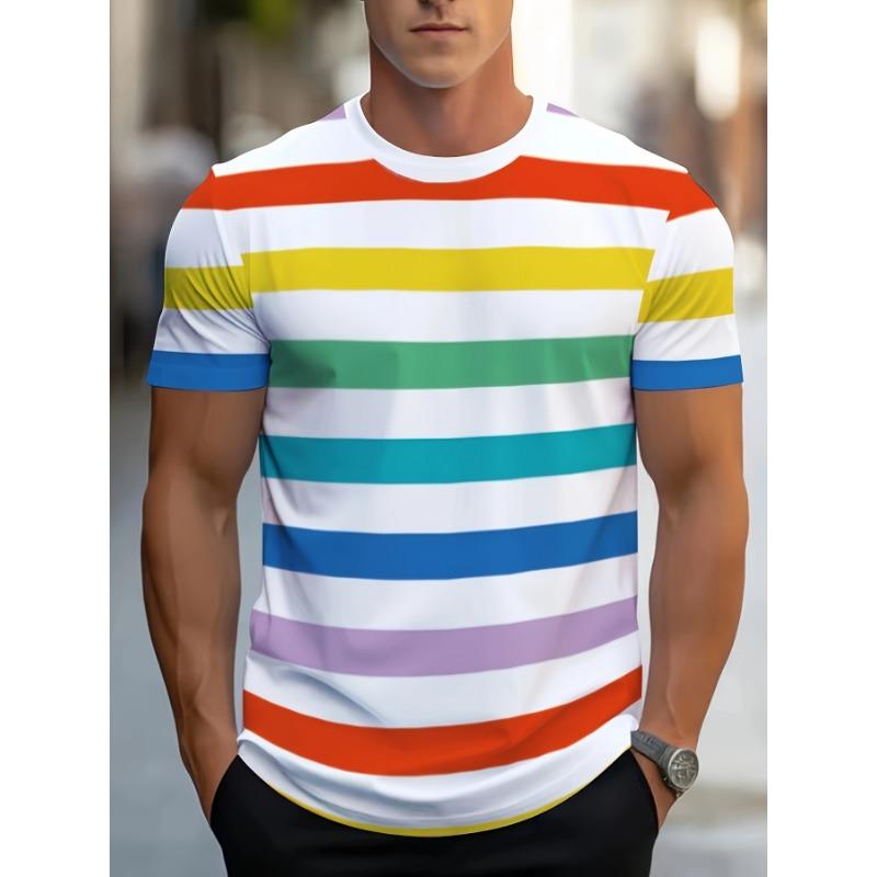 Herren Casual Gestreiftes T-Shirt mit Digitaldruck 3D Rundhals Kurzarm Perfekte Sommer- & Freizeitkleidung