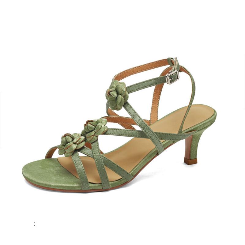 Fashion New Summer Sandals Split Leather Shoes for Women Fashion Flower Round Toe High Heels Shoes Women Ladies Shoes Zapatos De Mujer