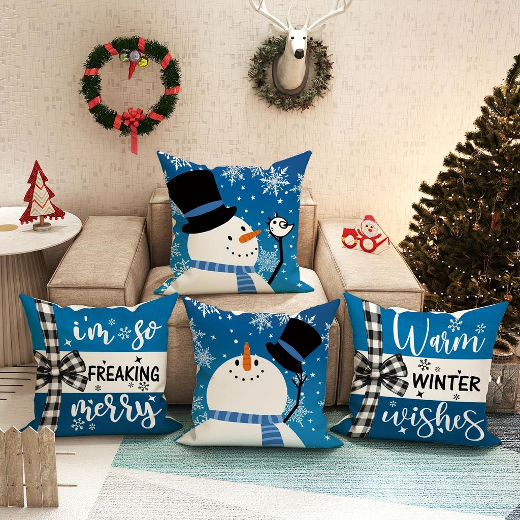 Christmas Day Party Decoration Pillowcase Snowman Blue Pattern Suitable for Home Room Sofa Cushion Cover New Year Gift