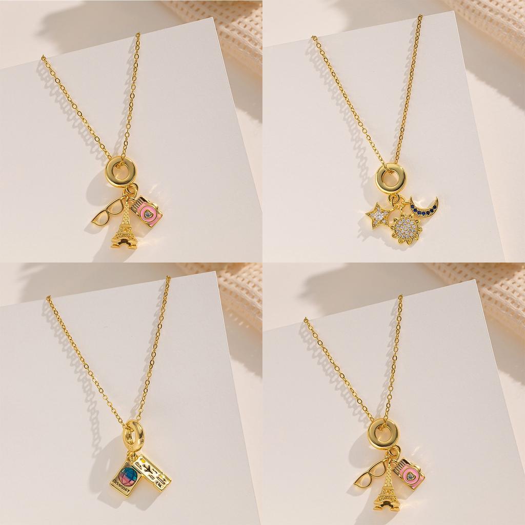 Doreen Box 1pc Gold Plated Moon Star Charm Necklace Stainless Steel & Brass For Women Stylish Dainty Jewelry Gift 40cm + 5cm