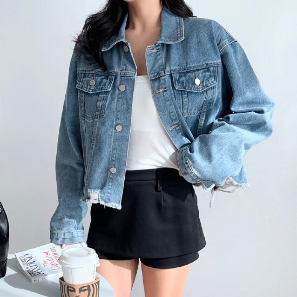 New Arrivals Open Run Vintage Slim Fit Ripped Denim Trucker Jacket