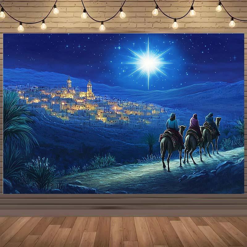 One Christmas Night Scene Background Fabric of the Three Doctors and the Star of Bethlehem - Polyester Festive Decoration